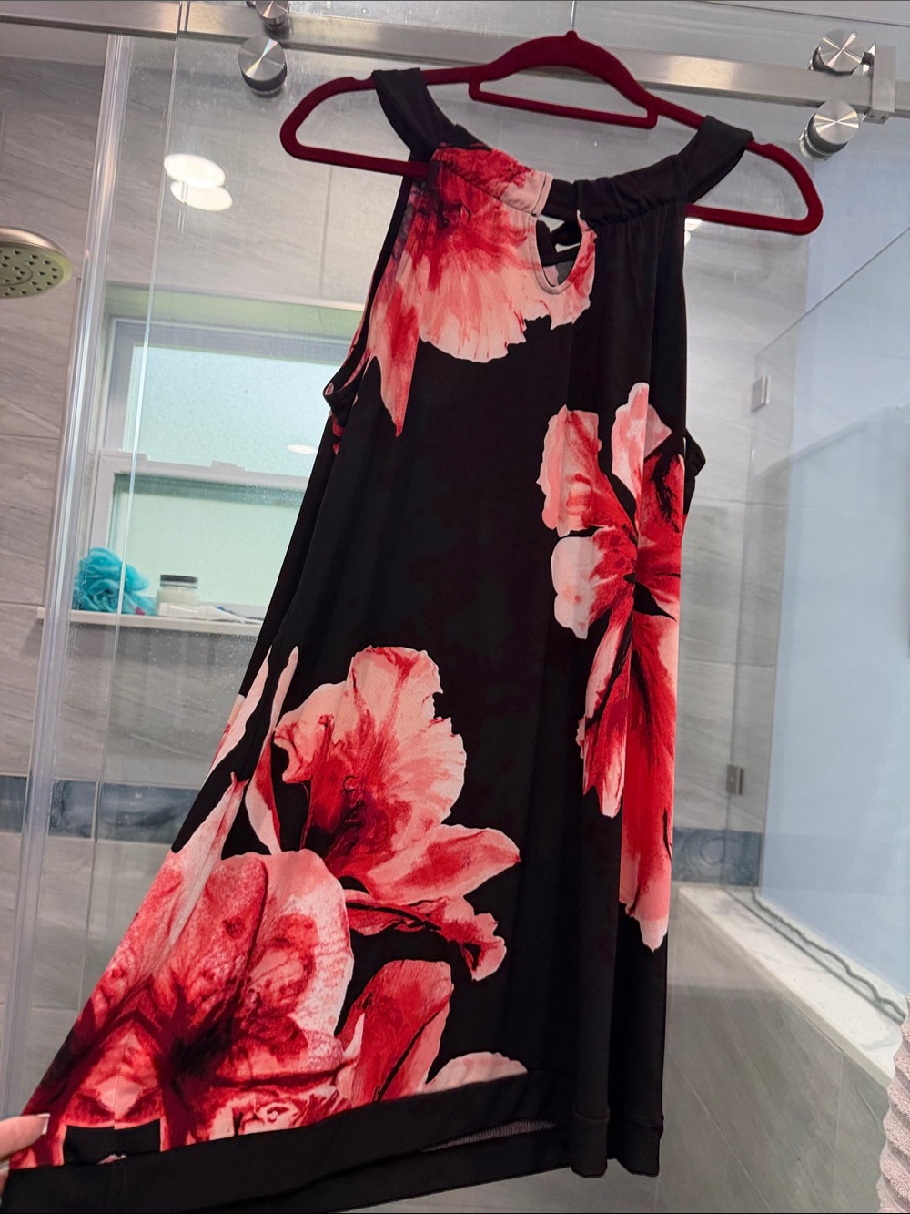 White House Black Market Black Dress with Red and Pink Floral Print